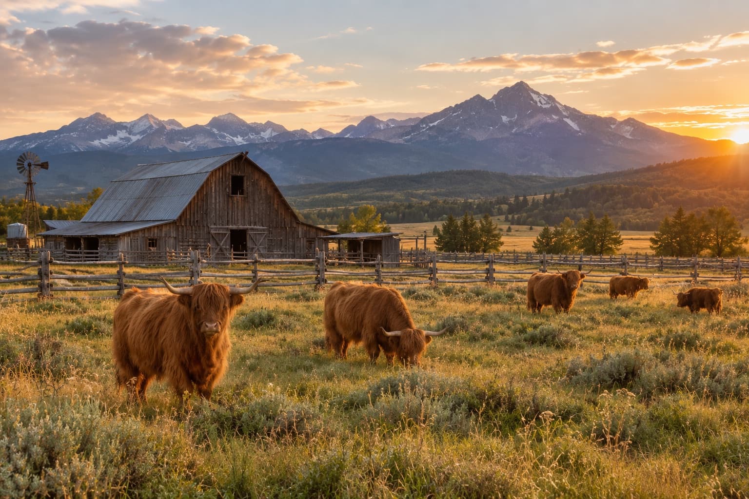 Small herd of Highland cattle grazing a fenced ranch pasture