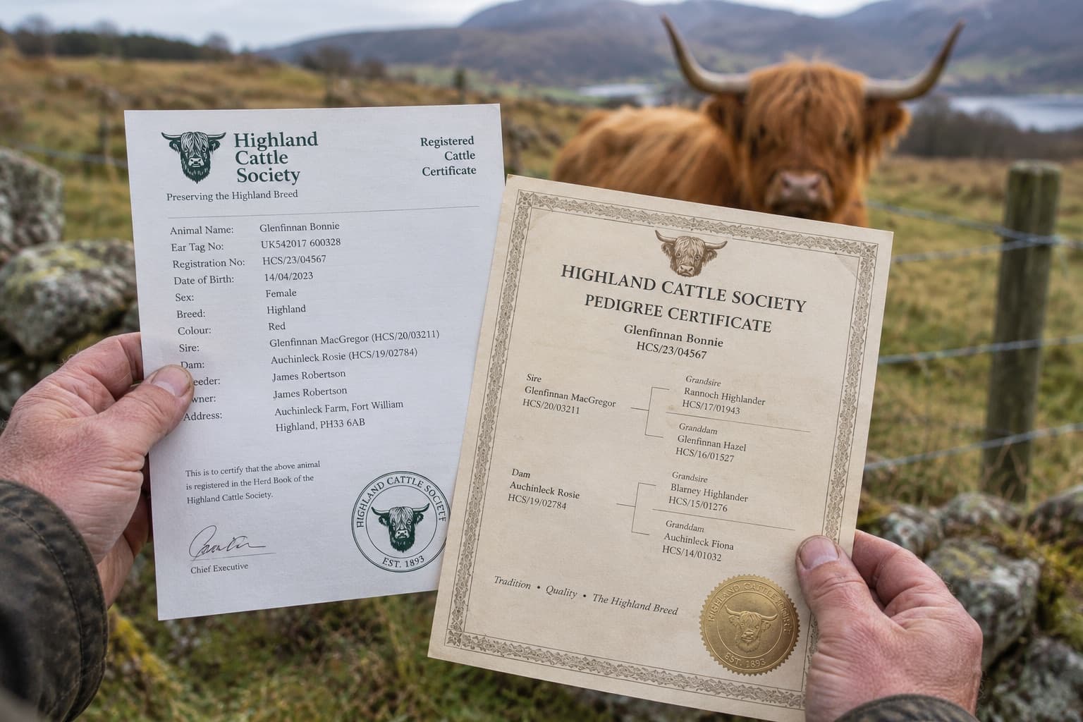 Highland cattle registration certificate and pedigree held in front of the animal