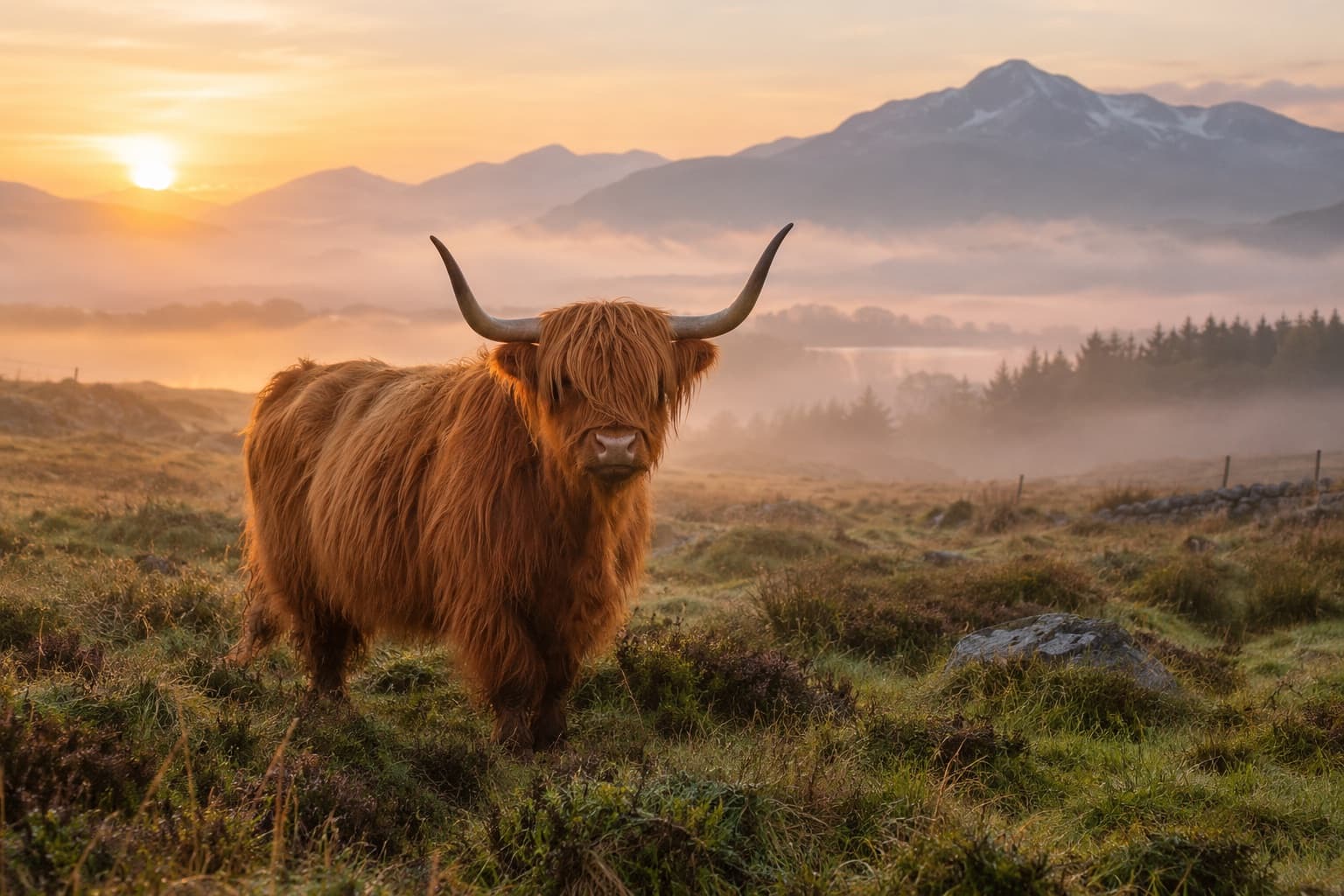 Red Highland cow with a long coat standing in a grassy pasture
