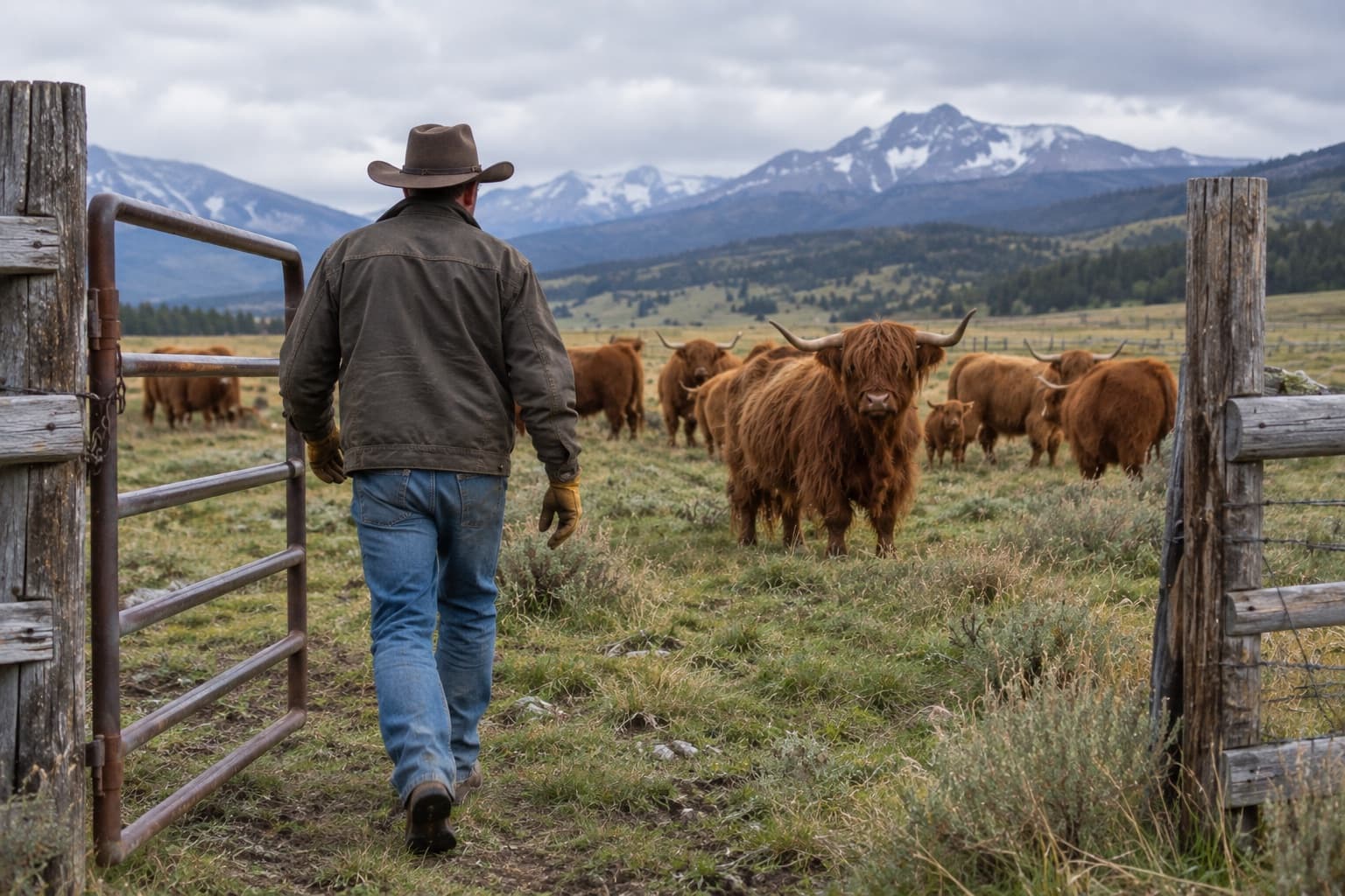 Rancher walking toward a herd of Highland cattle, showing the size of adult animals